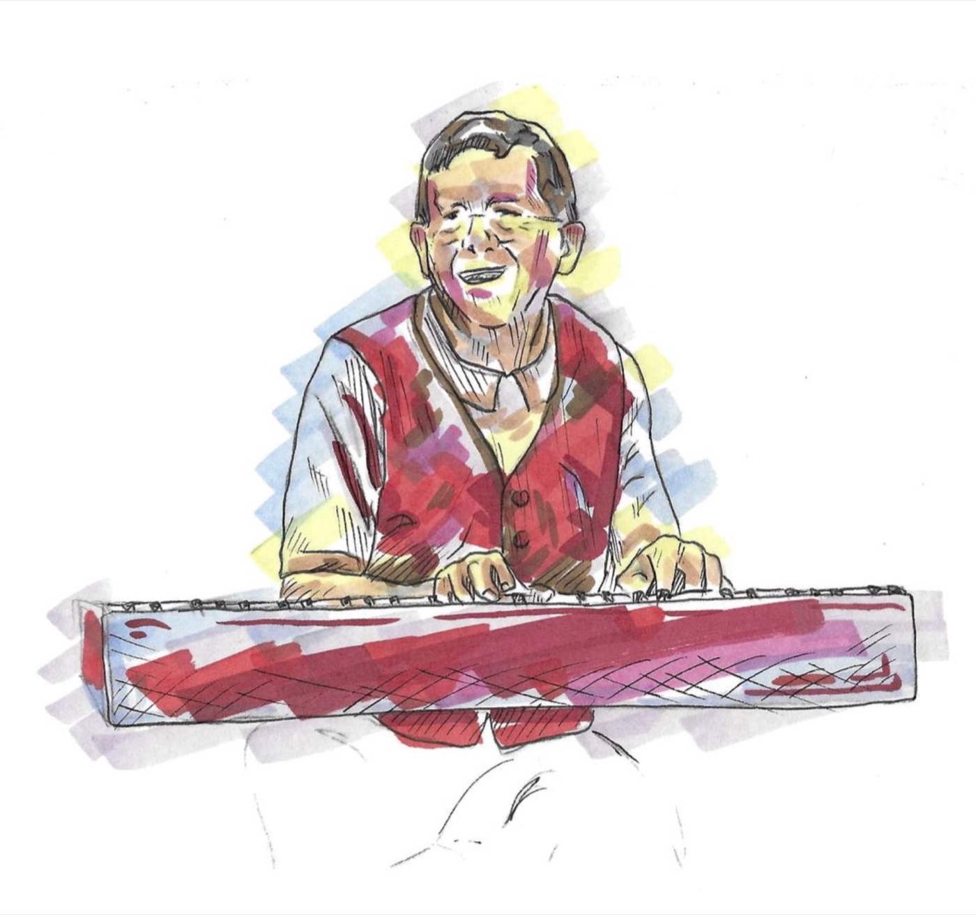 Hand-drawn illustration of Richard Michael playing the keyboard